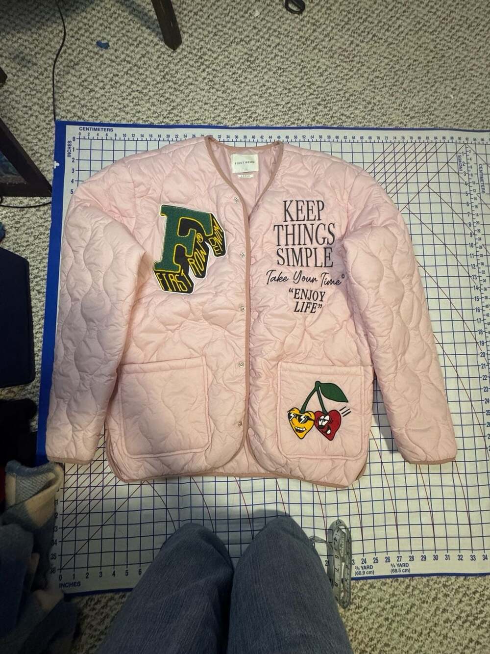 First Row Pink Quilted Jacket Keep Things Simple Cherry Patches Large